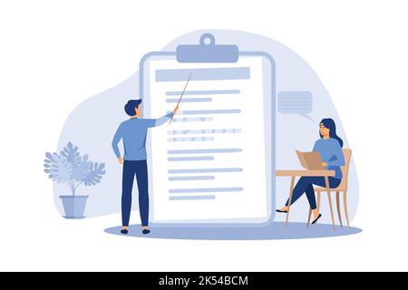 Teacher giving seminar to student in classroom. Mentor and intern, coach and trainee. Flat vector illustration. Education, training, learning concept Stock Vector