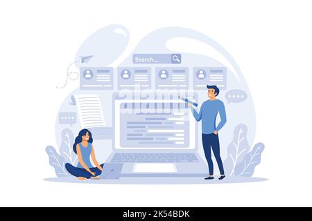 Blogger creating content for blog. Tiny woman copywriter writing new post for social media. Author at laptop. Copywriting and blogging concept. Flat v Stock Vector