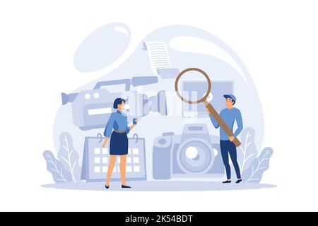 Journalist illustration. TV reporter with microphone. Mass media profession. Newspaper, internet and radio journalism. Vector illustration in cartoon Stock Vector