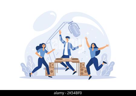 Modern Dj Vector. Playing Progressive Electro Music. Dj And Mixing Console. Night Club Concept. Flat Cartoon Illustration Stock Vector