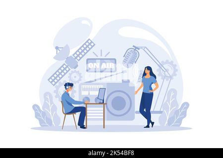 Radio broadcasting concept. Happy radio host with microphone interviewing celebrity woman in studio. People with headset listening to radio podcast Stock Vector