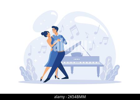 Dance teacher or choreographer making online dance casting near piano. Concept of dancing courses for children and adults online from the comfort of y Stock Vector