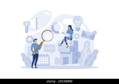 Marketer concept. Advertising and marketing concept. Business strategy and communucation with a customer. Isolated flat vector illustration Stock Vector