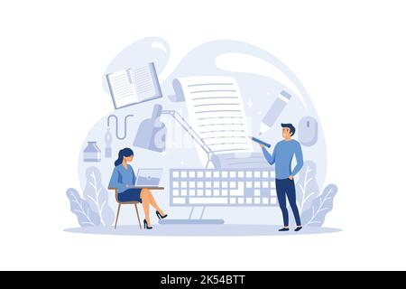 Professional writer or journalist concept illustration. Idea of creative people and profession. Author writing script of a novel. Isolated vector illu Stock Vector