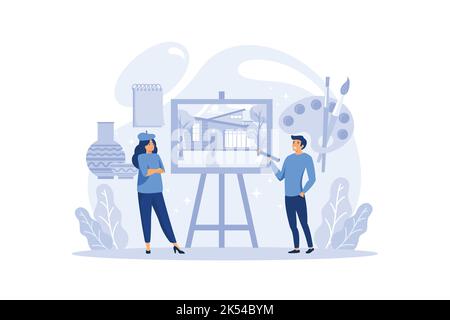 Graphic illustration artist working on the computer. Picture on the device screen. Digital illustration. Creativity concept. Flat illustration vector Stock Vector