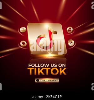 Tiktok square banner 3d gold icon for business page promotion social media post Stock Vector
