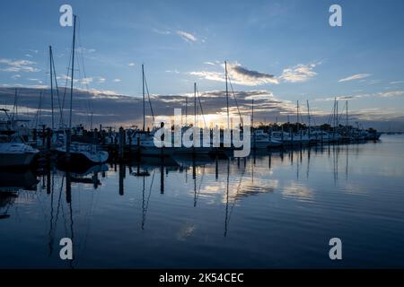 Boats docked at Dinner Key Marina in Coconut Grove, Miami, Florida in early morning light. Stock Photo