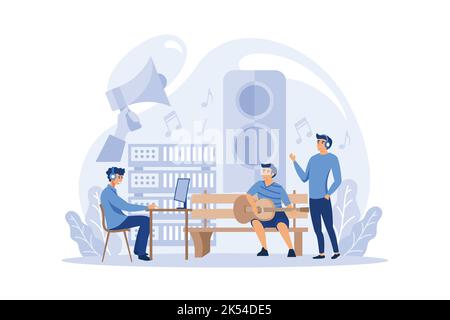 Sound engineer concept. Music production industry, sound recording with a studio equipment. Soundtrack creator or recorder. Vector illustration in car Stock Vector