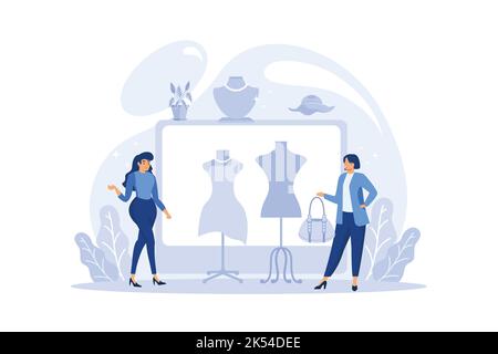Fashion designer concept. Professional tailor sewing or fitting clothes. Dressmaker working on power sewing machine and taking measurements. Vector fl Stock Vector