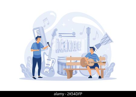 Professional musician concept. Woman playing grand piano and man with accordion. Classiacl pianist, musician or composer. Music performance or concert Stock Vector