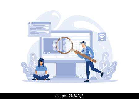 Engineer team at project development, template for developer. Coding develop, programmer at computer or workstation for business. Concept with charact Stock Vector