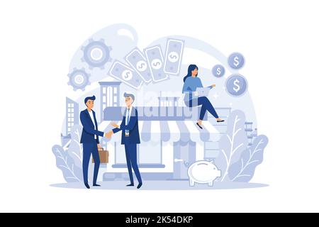 Encashment concept. Armored cash truck security. Money collecting and protection. Professional bank staff in bulletproof uniform.Flat Vector illustrat Stock Vector
