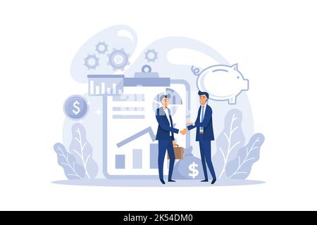 Diversity handshake vector illustration - two businessmen shaking hands on agreement and business deal. Corporate handshake and recruitment concept. f Stock Vector
