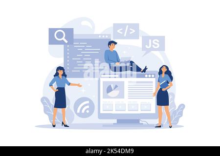 Programming concept. Idea of working on the computer, coding, testing and writing program. Website front end development. flat design modern illustrat Stock Vector