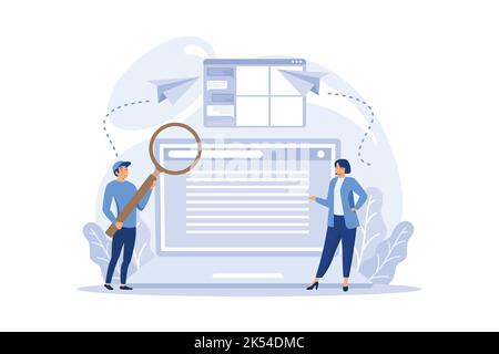 Website analyst concept set. Web page improvement for business promotion as a part of marketing strategy. Website analysis to get data for SEO. flat d Stock Vector