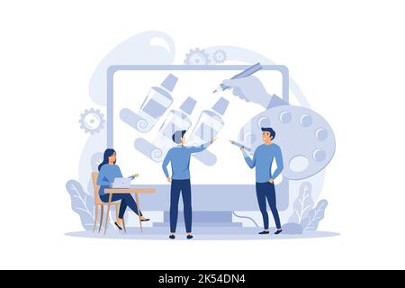 Designer concept. Art director working on media content. Creative process, digital drawing and design for product promotion. flat design modern illust Stock Vector