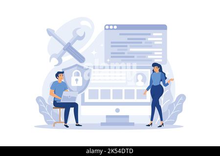 Software tester concept. Application or website code testing. Software development and debugging. IT specialist searching for bugs. Idea of computer t Stock Vector