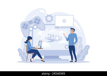 Game development concept. Creative process of a computer video game design. Digital technology, programming and codding. flat design modern illustrati Stock Vector