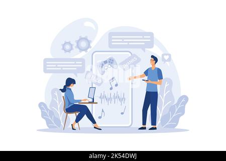 Content manager concept. Idea of digital promotion strategy and content production. Content plan development and website statistic monitoring. flat de Stock Vector