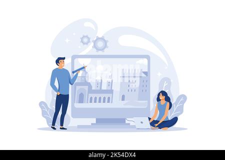 Digital designers team drawing with pen on computer monitor. Man and women working with graphic editor. Vector illustration for creative job or teamwo Stock Vector