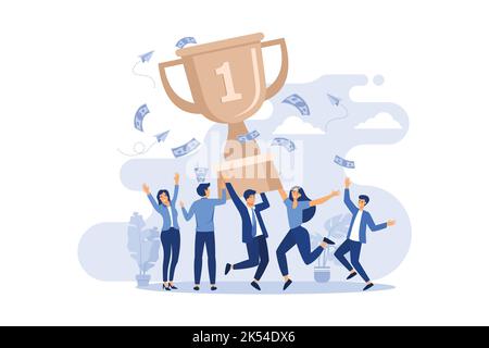 Team of tiny office people employees winning gold cup flat vector illustration. Cartoon happy characters with award or trophy. flat design modern illu Stock Vector