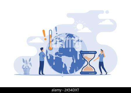 Tiny people with melting planet in background. High temperature and hot weather on Earth, hourglass flat vector illustration. flat design modern illus Stock Vector