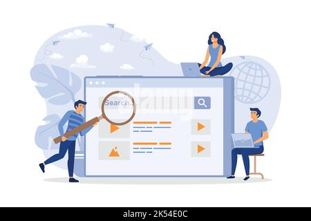 People using search box for query, engine giving result. Vector illustration for SEO work, SERP, online promotion, content marketing concept. flat des Stock Vector