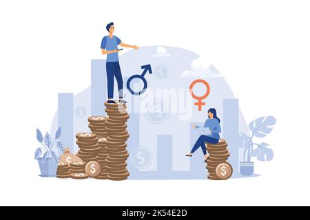 Earnings gender discrimination. Man and woman getting different salary. Flat vector illustration. Inequality, injustice, finance concept. flat design Stock Vector
