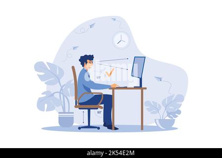 Instruction for correct pose during office work flat vector illustration. Cartoon worker sitting at desk with right posture for healthy back and looki Stock Vector