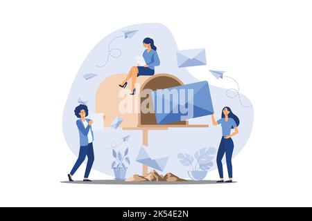 Tiny women getting mail from mailbox flat vector illustration. Cartoon people reading newsletter or social news. Marketing and mail service for busine Stock Vector