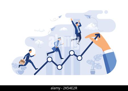 Business people walking up on increase chart line. Huge hand drawing growth diagram. Vector illustration for sales people, leadership, career, success Stock Vector