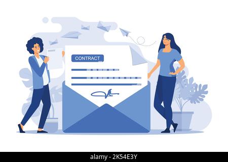 Woman receiving mail and reading letter. Person getting contract with signature out of envelope. Flat vector illustration for email, message, communic Stock Vector