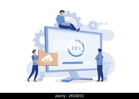 Tiny programmers upgrading operation system of computer isolated flat vector illustration. Cartoon IT specialists updating software, programs and appl Stock Vector