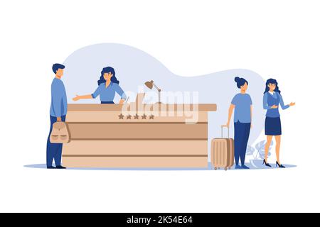 Friendly receptionists from hotel registration desk help client vector illustration. People waiting in queue for consultation. Concierge talking with Stock Vector