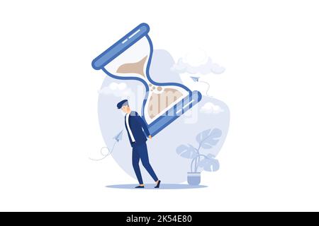 confident businesswoman manager holding hourglass or sandglass as timer or time counting down. Deadline or time counting down on business project, tim Stock Vector