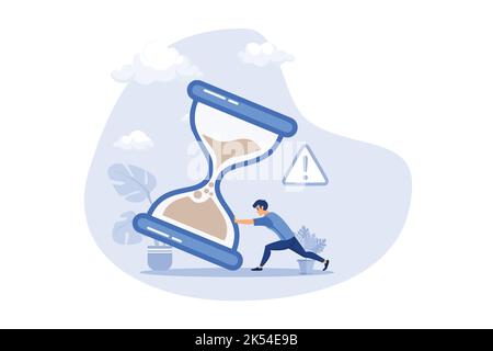 frustrated nervous businessman trying to stop hourglass or sandglass before it fall. Project deadline, running out of time or time management concept, Stock Vector
