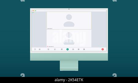 Video conference user interface, two users. Video conference calls window overlay on desktop, video chat UI elements, webinar, online meeting. Vector Stock Vector