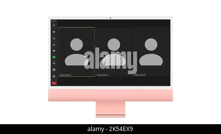 Video conference user interface, Three users. Video conference calls window overlay on desktop, video chat UI elements, webinar, online meeting Stock Vector