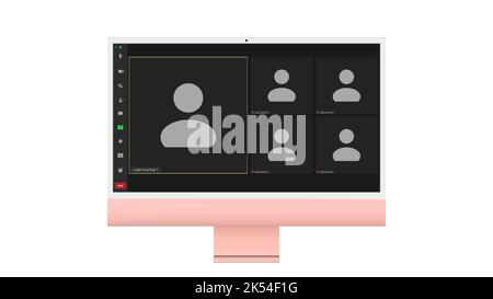 Video conference user interface, Five users. Video conference calls window overlay on desktop, video chat UI elements, webinar, online meeting. Vector Stock Vector