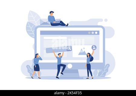 A team of people is developing a website by filling it with functions, concept vector illustration for the development of websites and mobile sites, S Stock Vector