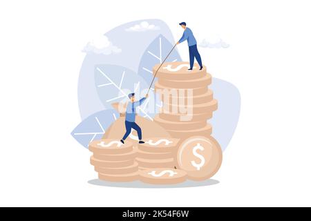 Man helping another climb to the top of coins, investment management, career growth to success, support and motivation, teamwork, business analysis, f Stock Vector