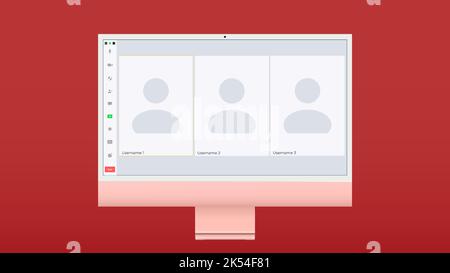 Video conference user interface, three users. Video conference calls window overlay on desktop, video chat UI elements, webinar, online meeting Stock Vector