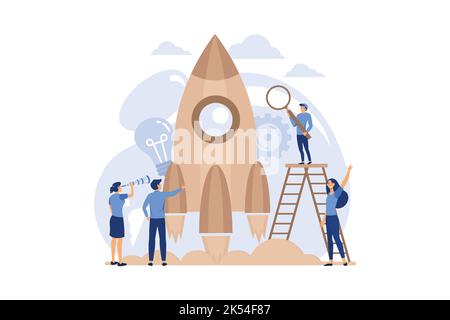 people grow potted plants, a metaphor for the birth of a creative idea. business concept analysis. graphic design idea of project activity. flat desig Stock Vector