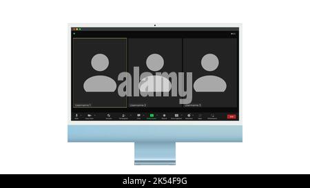 Video conference user interface, Three users. Video conference calls window overlay on desktop, video chat UI elements, webinar, online meeting Stock Vector
