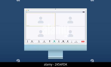 Video conference user interface, four users. Video conference calls window overlay, video chat UI elements, webinar, online meeting. Vector Stock Vector