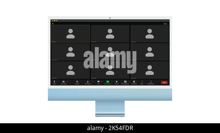 Video conference user interface, Nine users. Video conference calls window overlay on desktop, video chat UI elements, webinar, online meeting. Vector Stock Vector