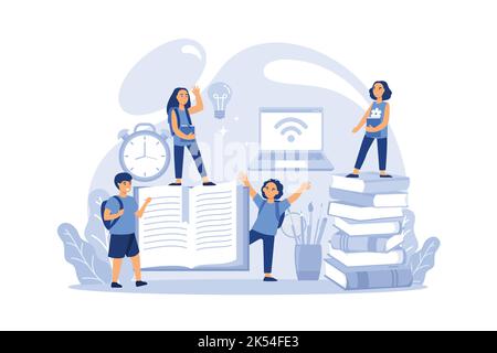 vector graphic elements, teaching children to learn from books and the Internet, junior elementary grades. flat design modern illustration Stock Vector