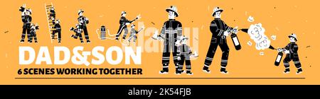 Dad and son characters in fireman costume with extinguisher, hydrant, water hose, axe, ladder. Father firefighter with kid work together, vector black and white hand drawn illustration Stock Vector