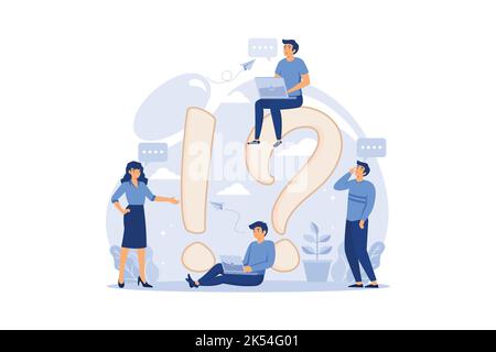 concept illustration of frequently asked questions people around exclamations and question marks, metaphor question answer. flat design modern illustr Stock Vector