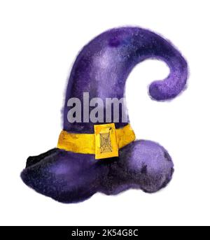 Watercolor illustration purple witch hat with buckle isolated on white background Stock Photo